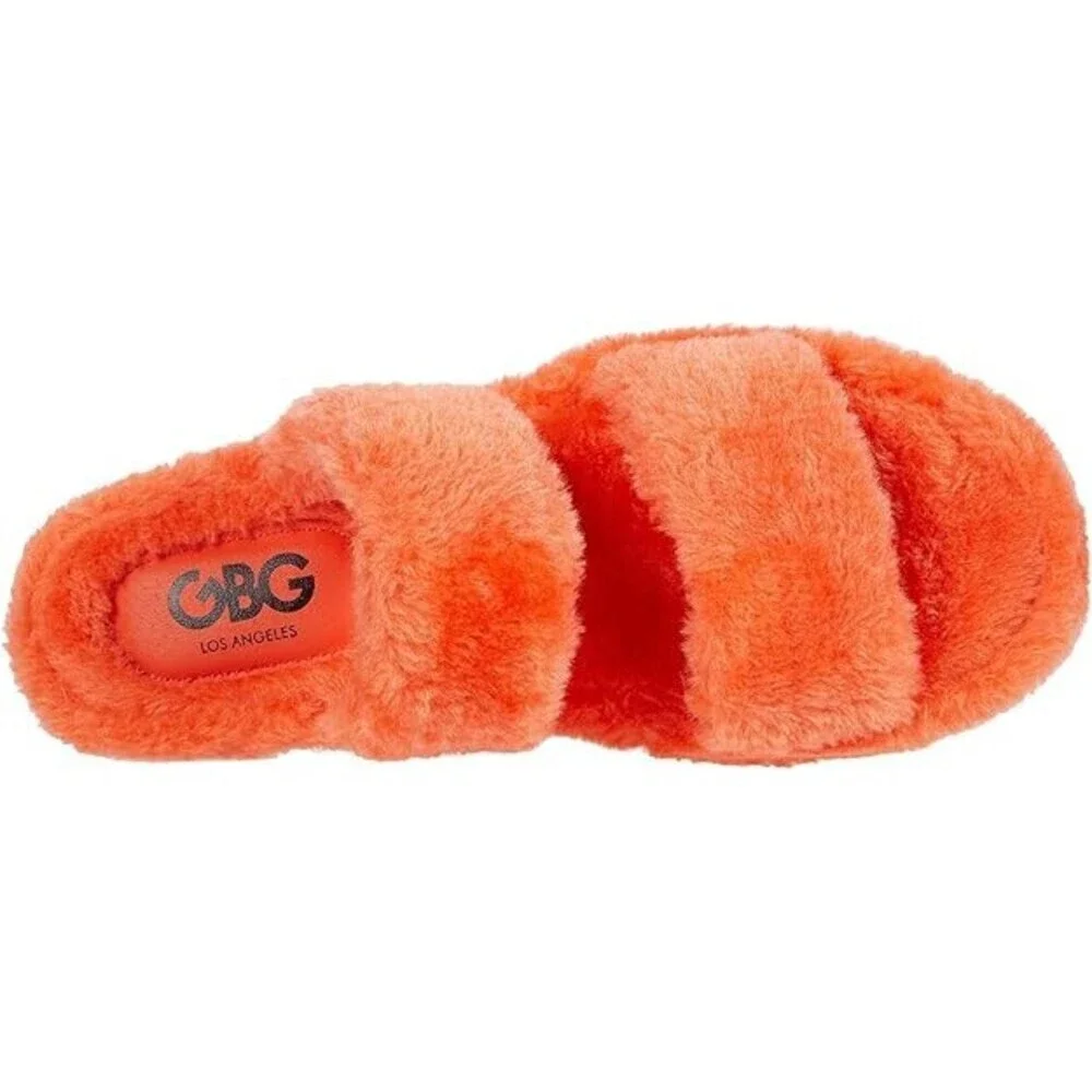 GBG Los Angeles Lennly Sandals Women 8 Orange Faux Fur Wedge Heel Slide JOBB1405